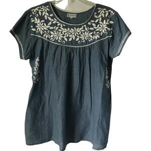 Jayshree Dalal Blouse Top Womens Embroidery Chambray White Blue Floral Large